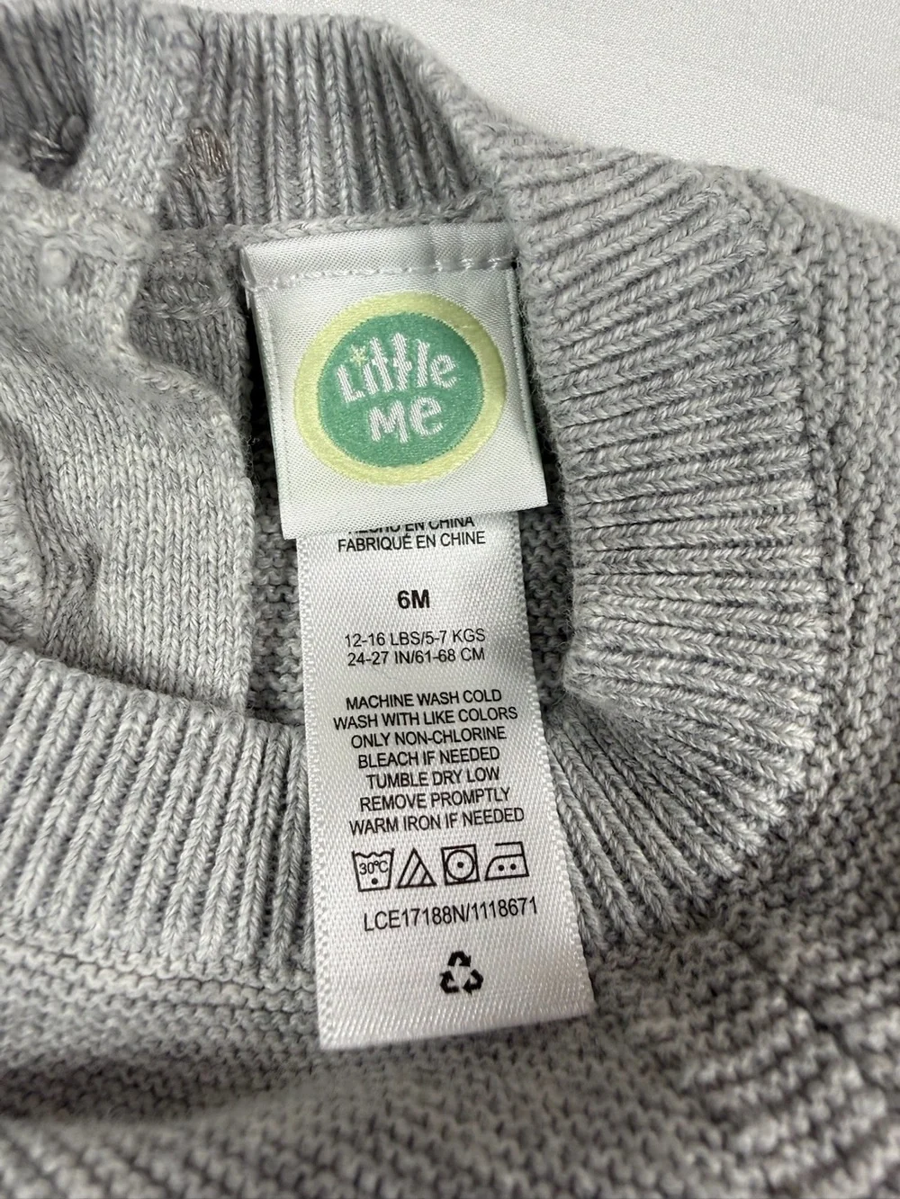 LITTLE ME Hockey Bear Knit Sweater 6M Gray Cotton Baby Pullover Winter Bear